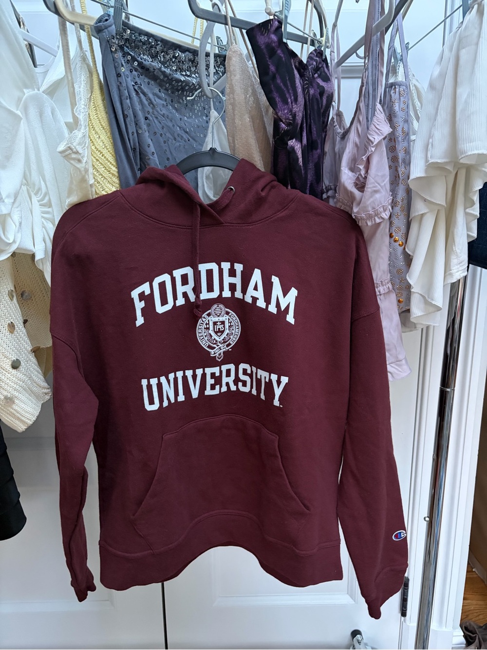 Champion Maroon Pullover Hoodie with White Lettering